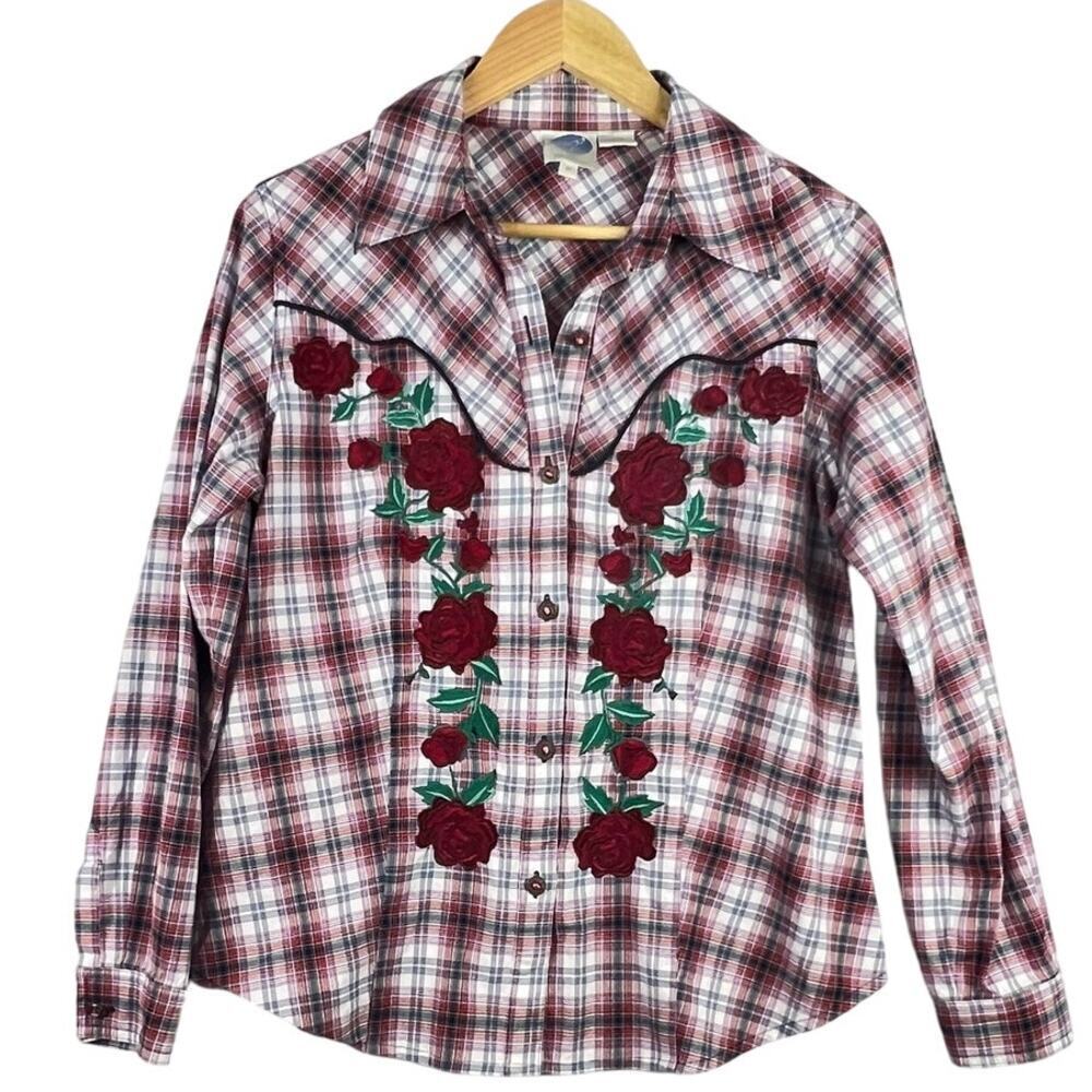 Diane Gilman M Vintage Rockabilly Western Pearl Shirt Red Appliqué Roses Shirt